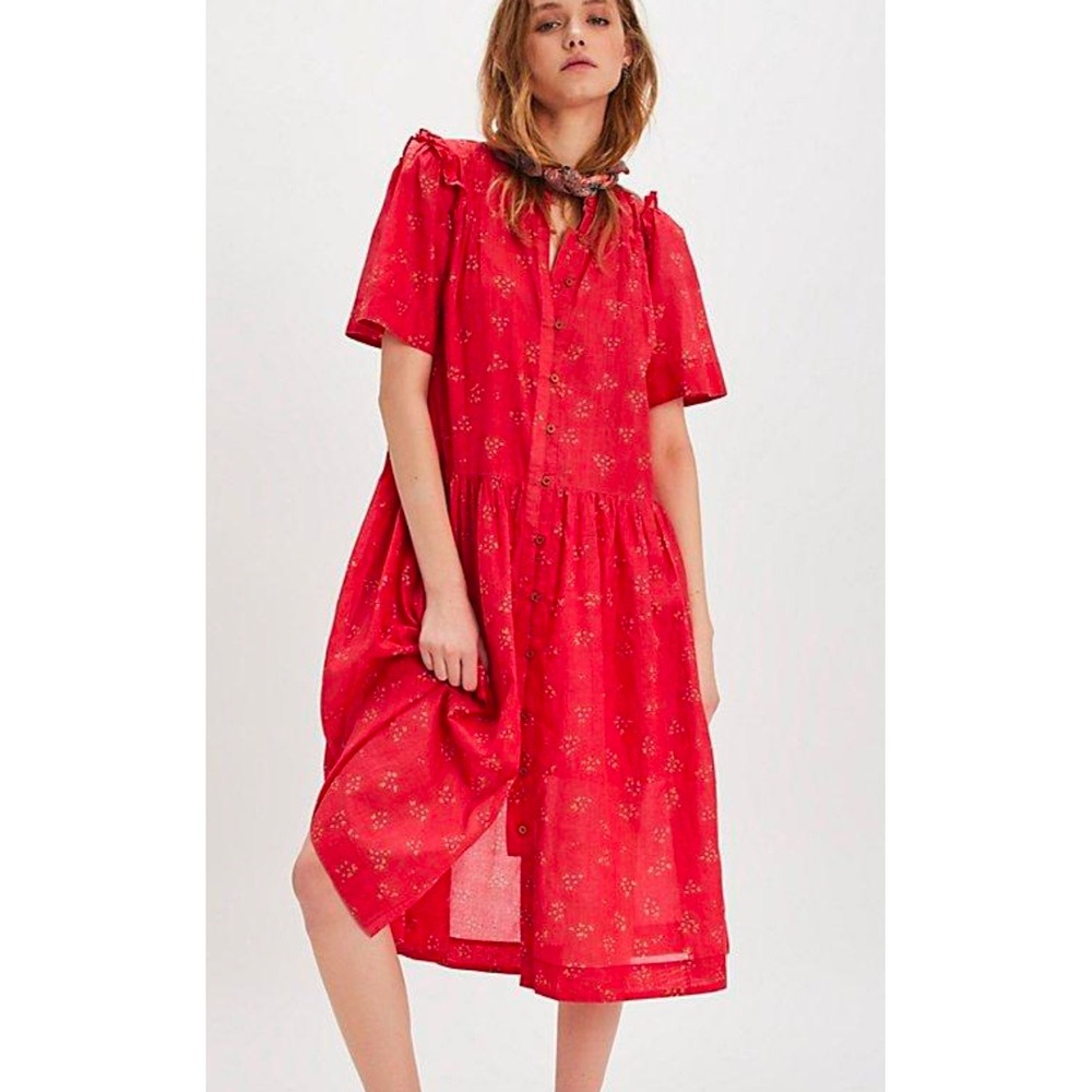 Free People Midi Dress Women Large Cotton Red Floral Ruffle Button Front Boho